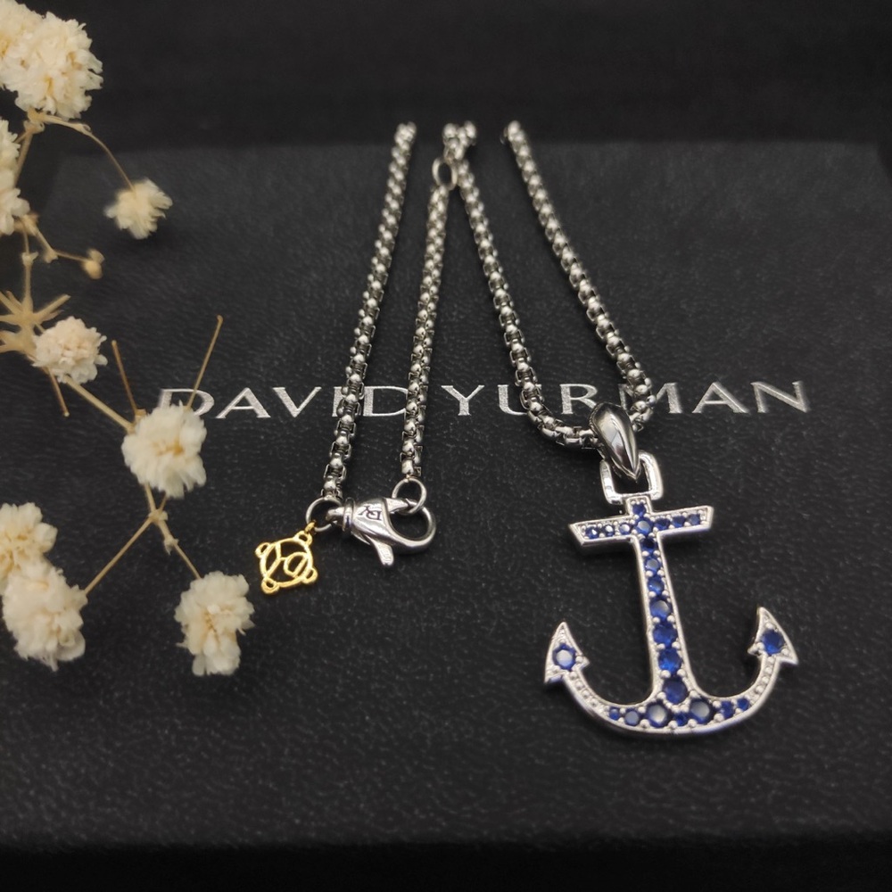 David Yurman Silver Anchor Necklace with Blue Stones